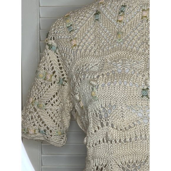Vintage Handmade Pointelle Knit Short Sleeve Sweater M Openwork Cottage Rosettes - Picture 12 of 13
